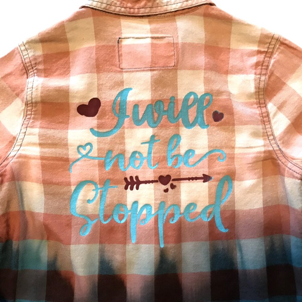 Upcycled Bleach Dyed Flannel Girl’s Shirt Size 8: Painted Inspirational Quote